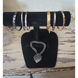 Lot of 7 Vtg Gold & Silver Tone Heart Pendant Monet Jewelry Bangle Bracelets